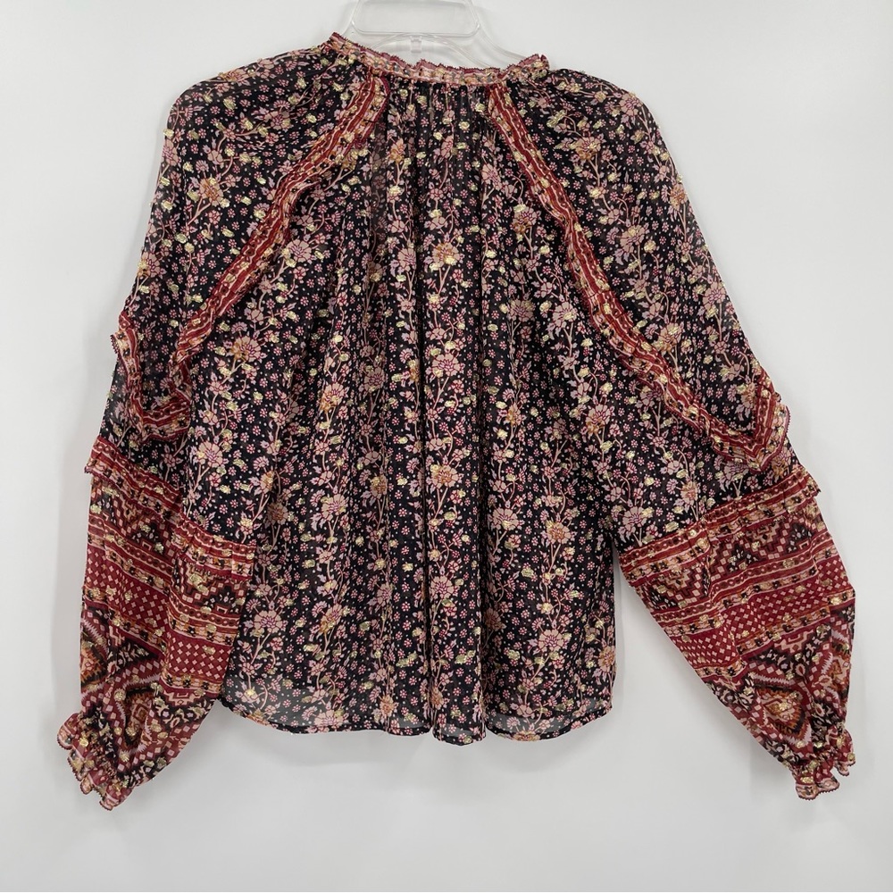 Ulla Johnson Black Floral Boho Peasant Blouse with Red Accents - Picture 9 of 12